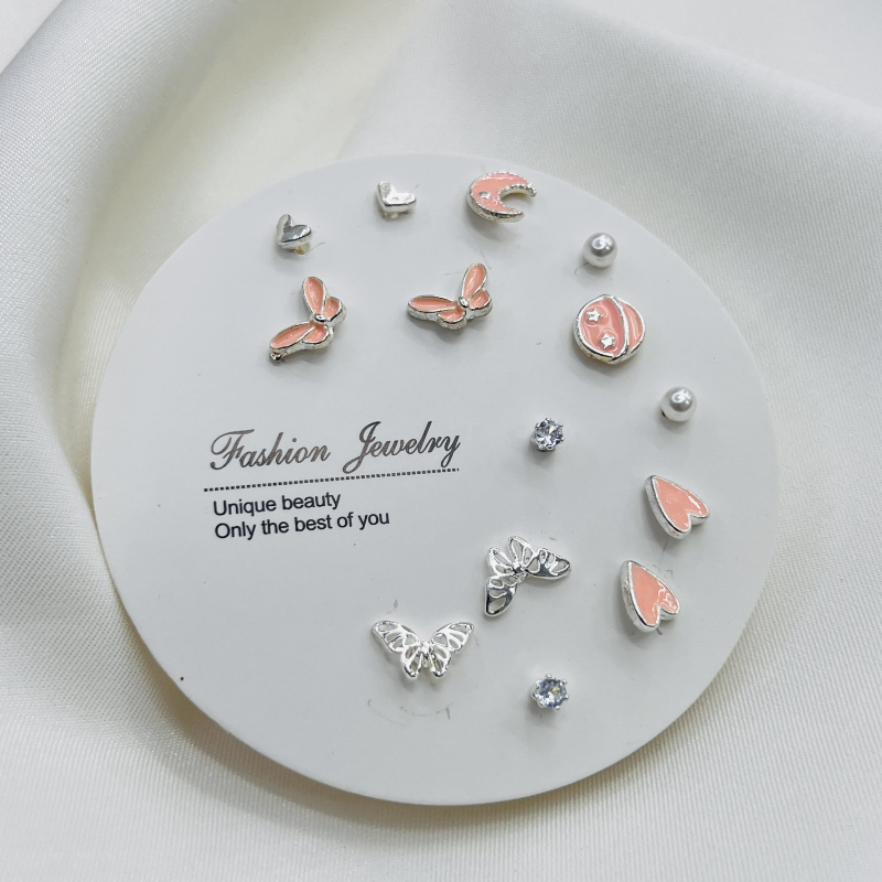 7 Pairs Pink Butterfly Pearl Earrings Set 